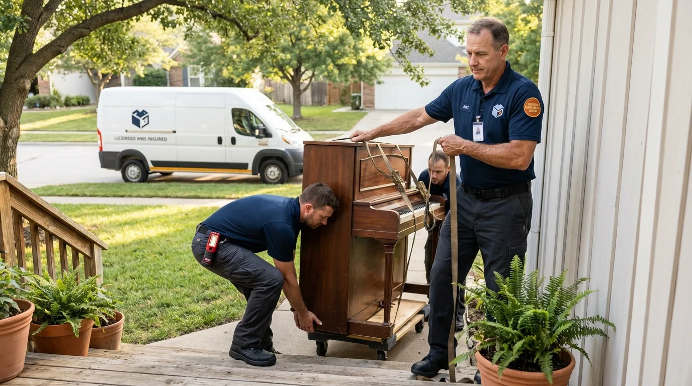 Licensed piano movers securing grand piano in Sewanee, TN