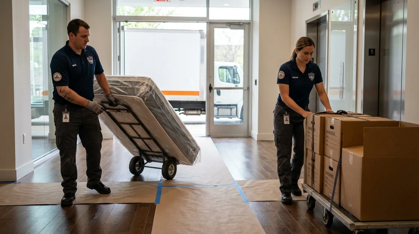 Professional apartment movers loading elevator in Sewanee, TN